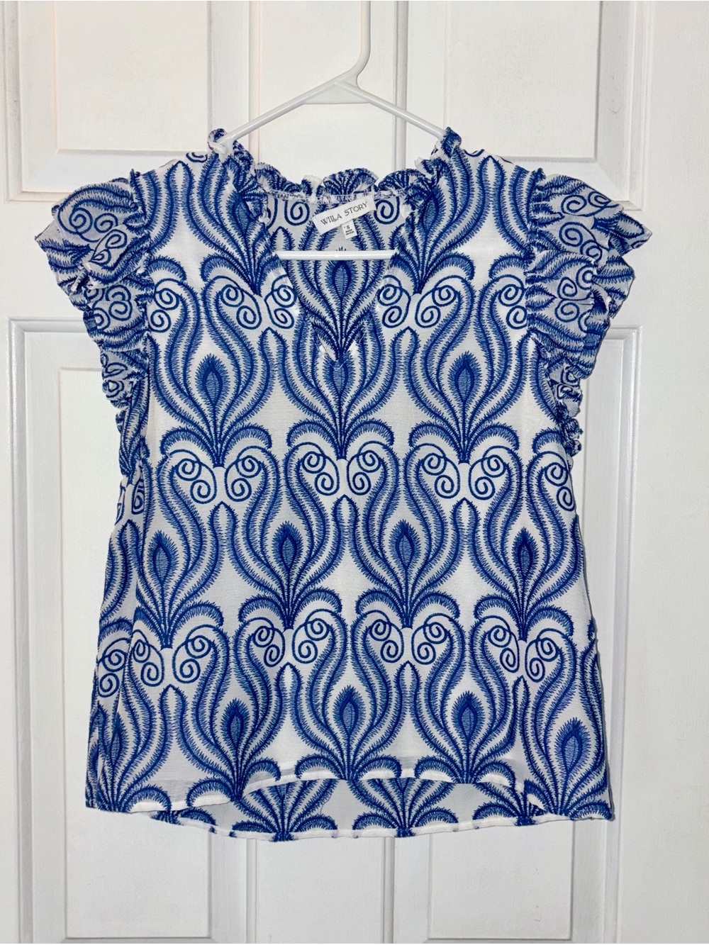 Willa Story Anthropologie Blue & White Geometric Ruffle Blouse